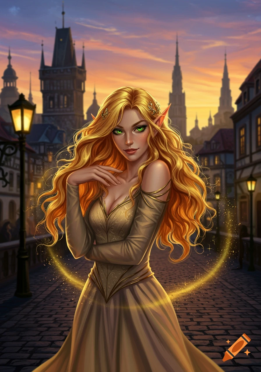 A blonde elf woman with green eyes in a gold dress stands on a cobblestone street in a fantasy city at sunset, surrounded by golden sparkles.