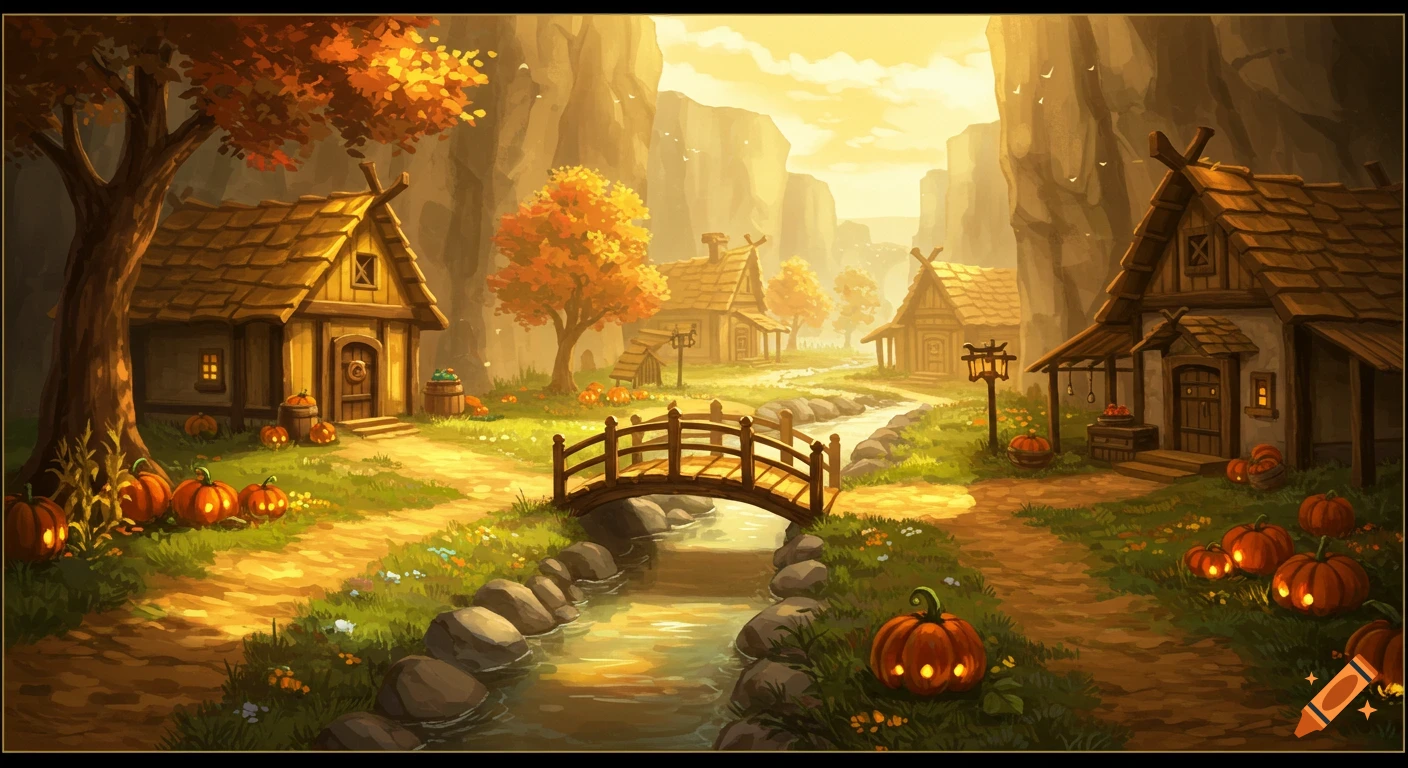 A warm digital painting of a peaceful autumn village nestled between cliffs, with wooden houses, a stream, a bridge, and glowing pumpkins.