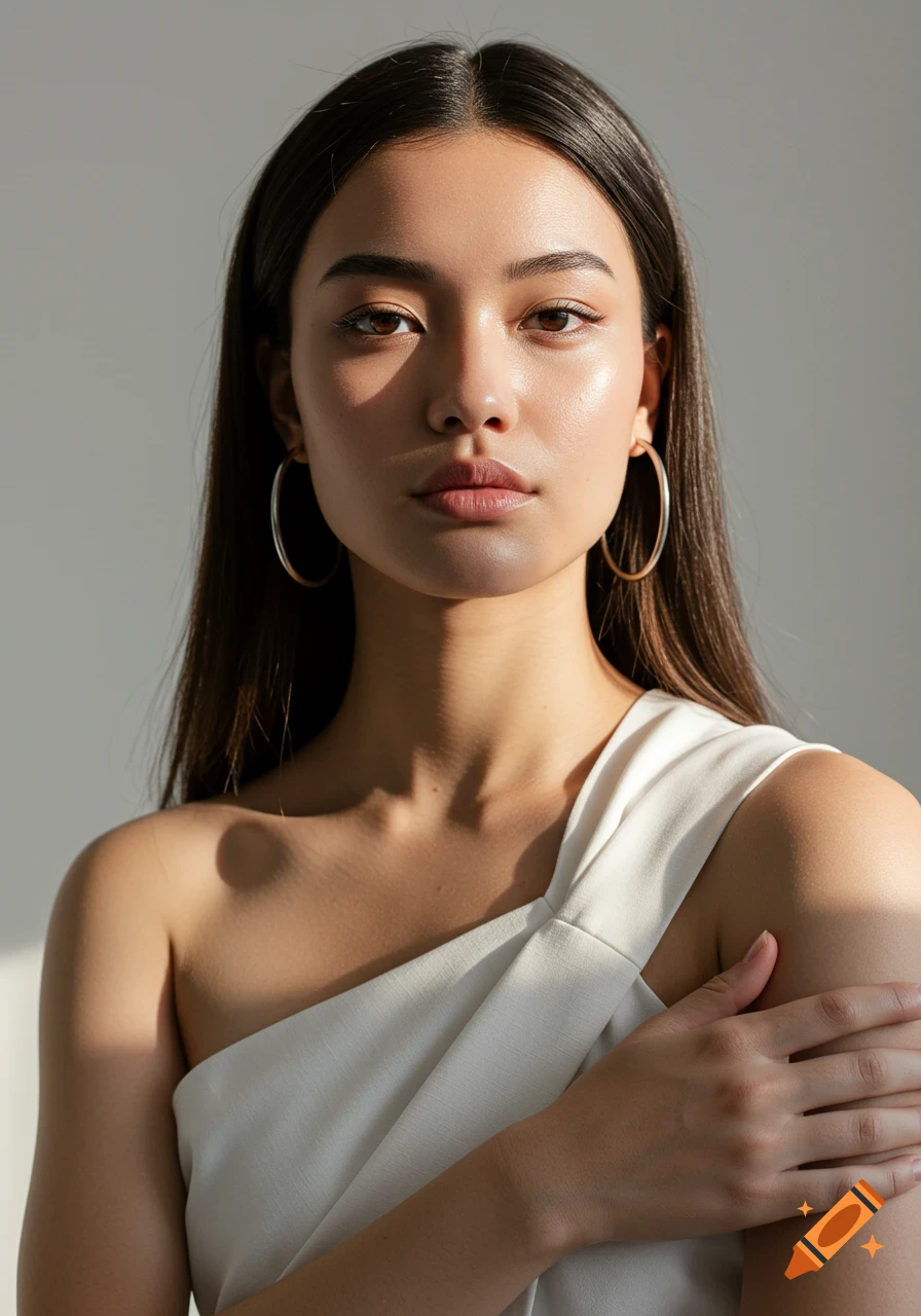 A photorealistic portrait of a young woman with long dark hair wearing a white one-shoulder top and hoop earrings, with soft natural lighting.
