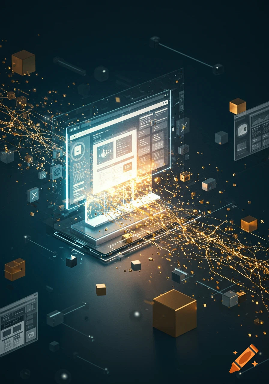 Futuristic glowing laptop displaying website UI with golden data lines and cubes on a dark background.