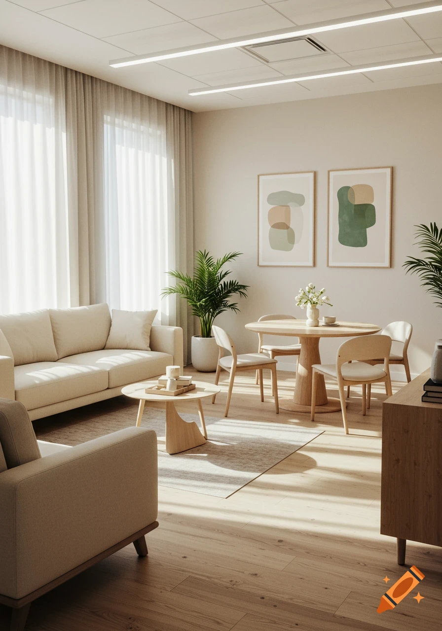 A bright, modern consulting room with light-colored sofas, a round wooden table, abstract art, and potted plants.