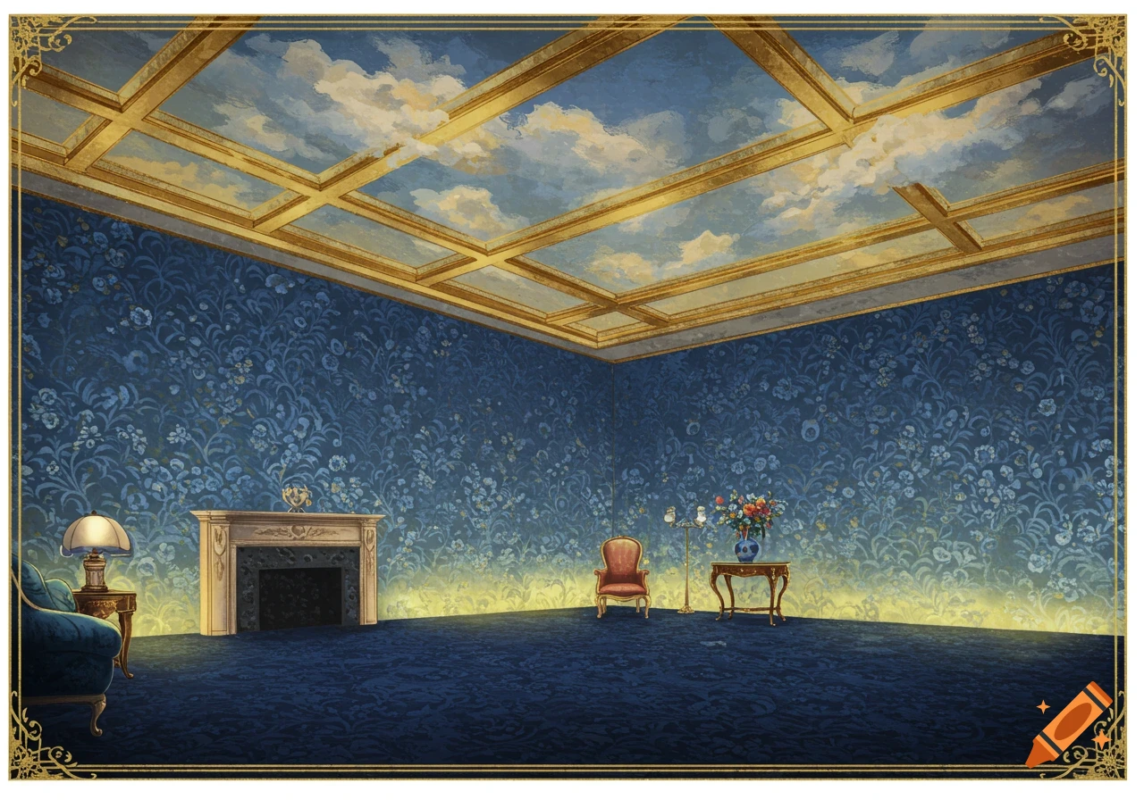 An ornate living room with blue floral wallpaper, a navy blue carpet, a gold-beamed ceiling painted with clouds, a fireplace, and elegant furniture in an illustrative style.