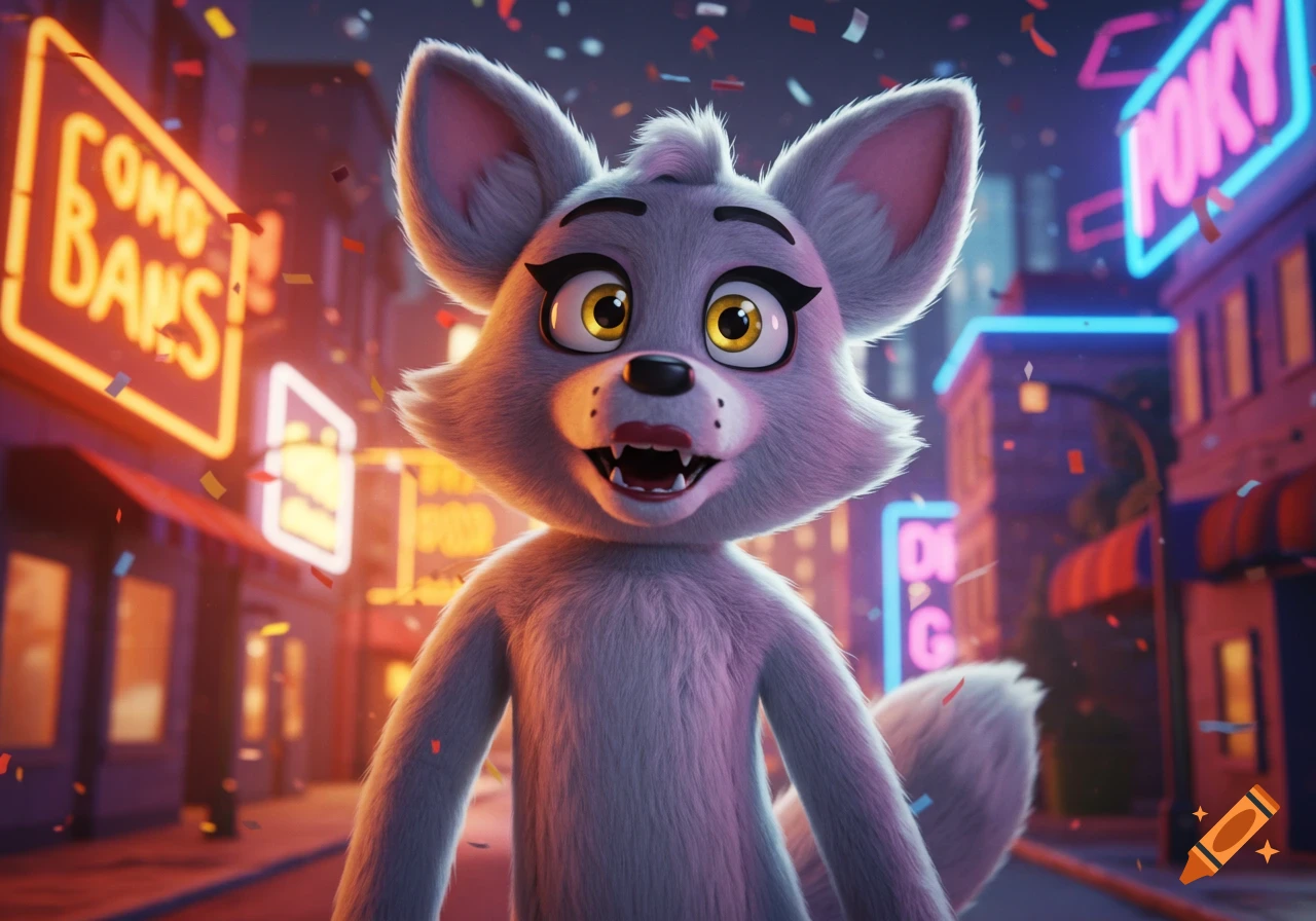 A cartoon fox-like character with big yellow eyes smiles amid falling confetti on a neon-lit city street at night.