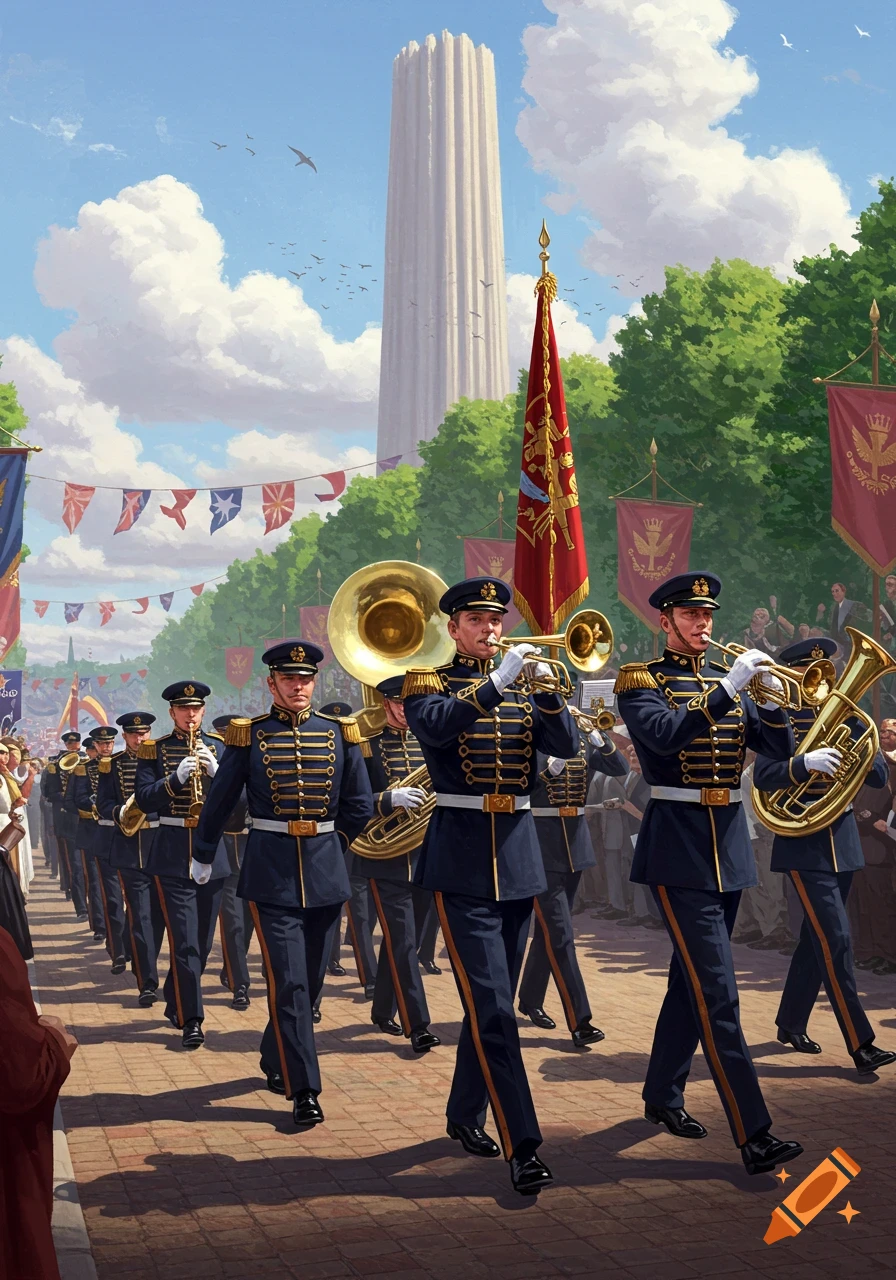 A military band in dark blue uniforms with gold trim marches down a street with a tall tower in the background, under a blue sky with clouds.