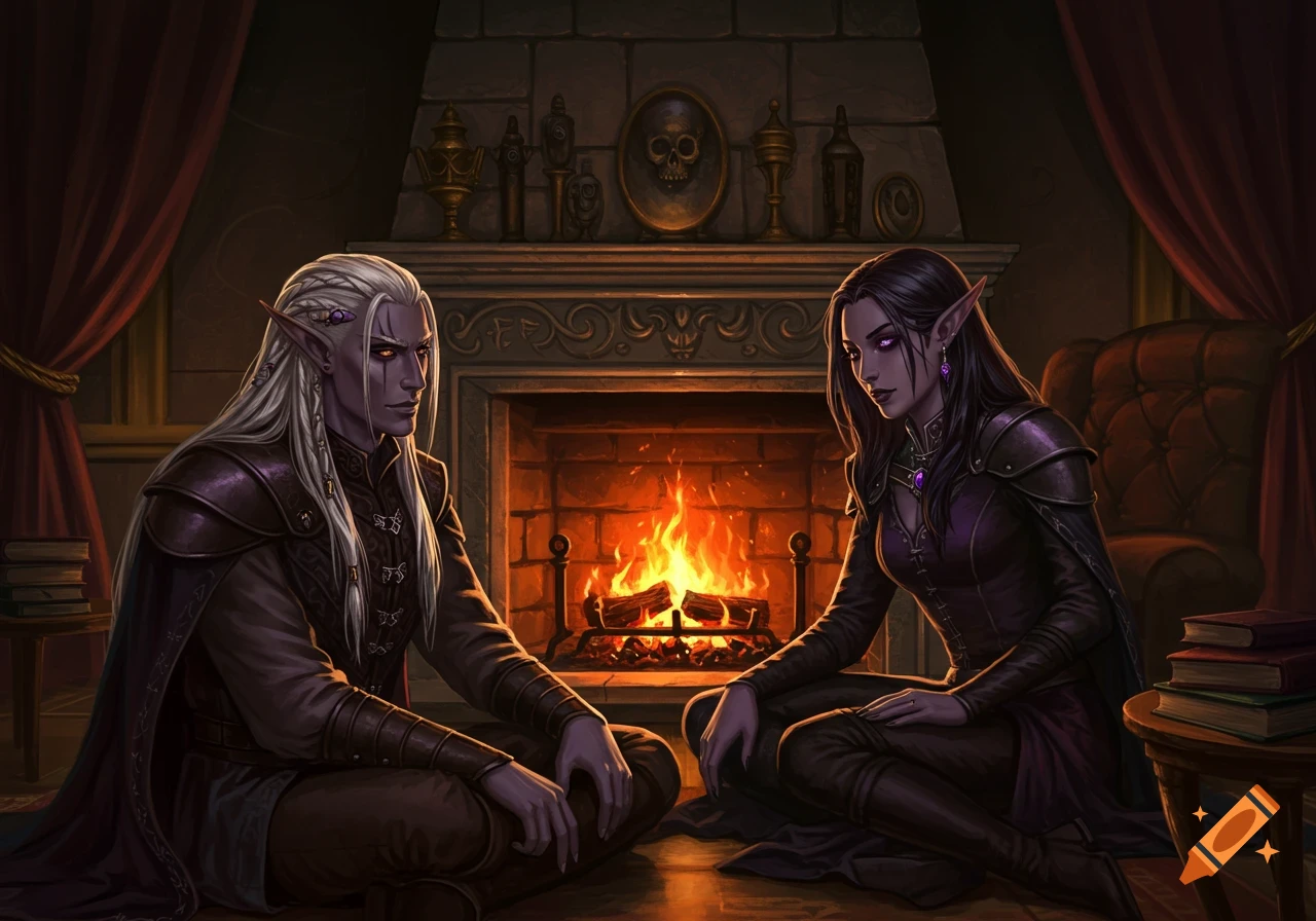 A male and female drow with pale skin and pointed ears sit on the floor in front of a cozy fireplace.