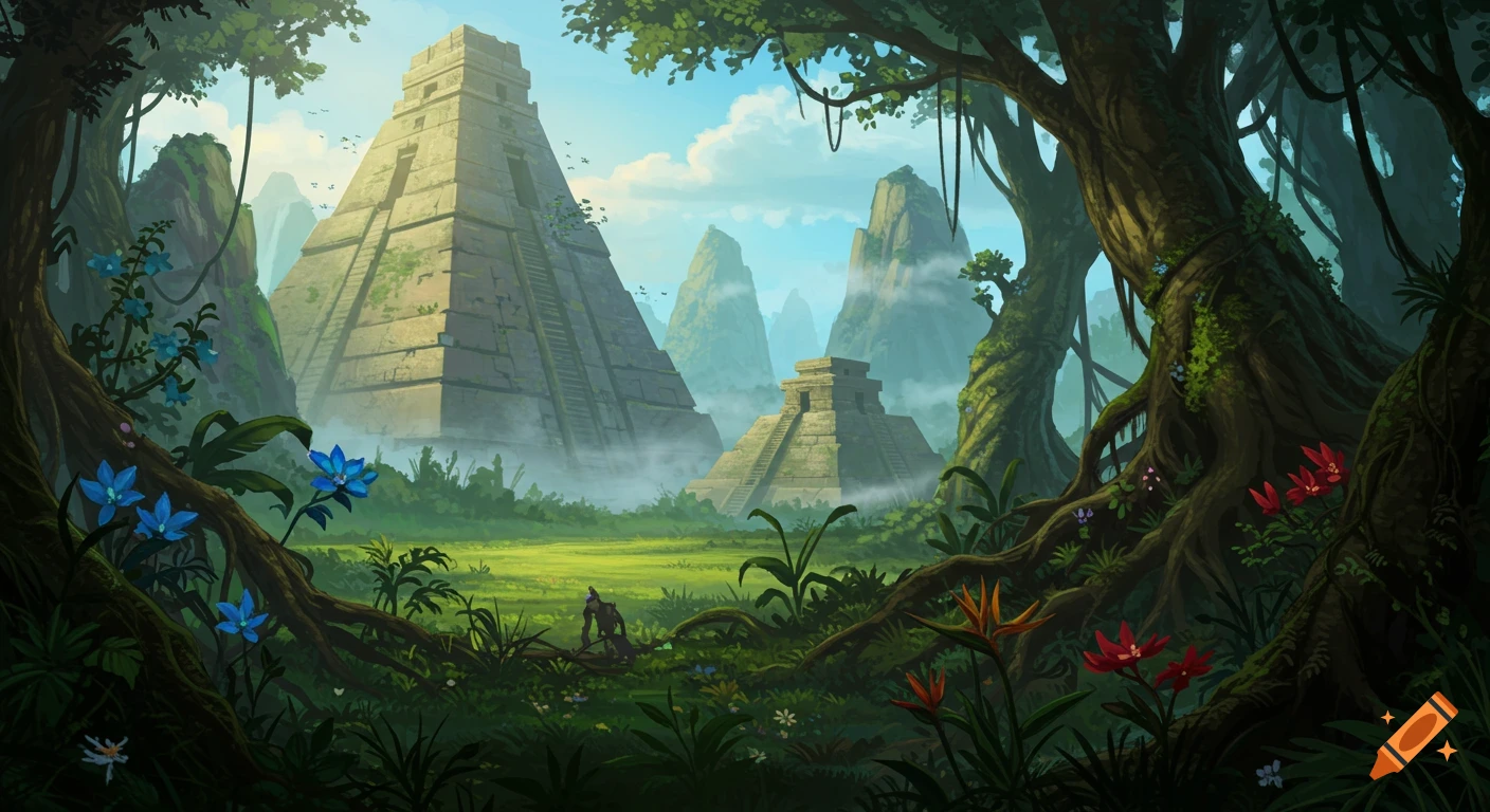 Lush fantasy jungle scene with ancient pyramids, misty mountains, vibrant flowers, and towering trees under a cloudy sky.