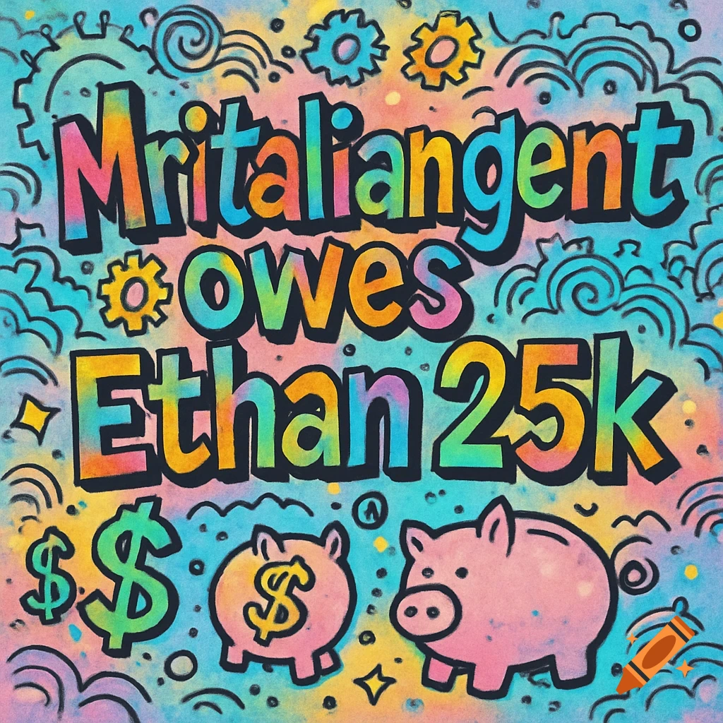 Colorful doodle art illustration saying Mritaliangent owes Ethan 25k, with dollar signs and piggy banks.