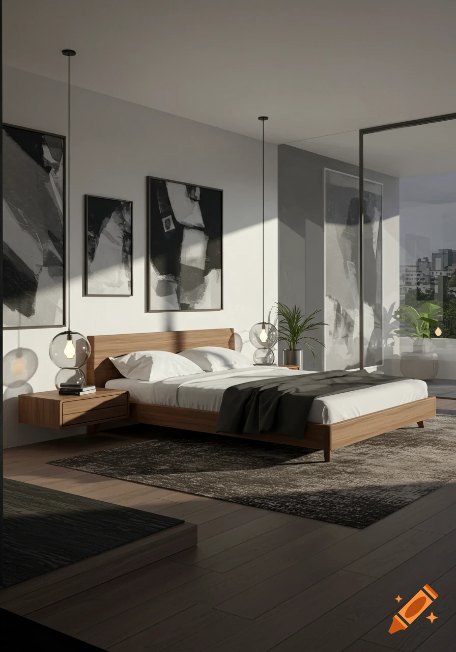 A modern bedroom featuring a wooden bed, white bedding, spherical pendant lamps, abstract art, and a large window.
