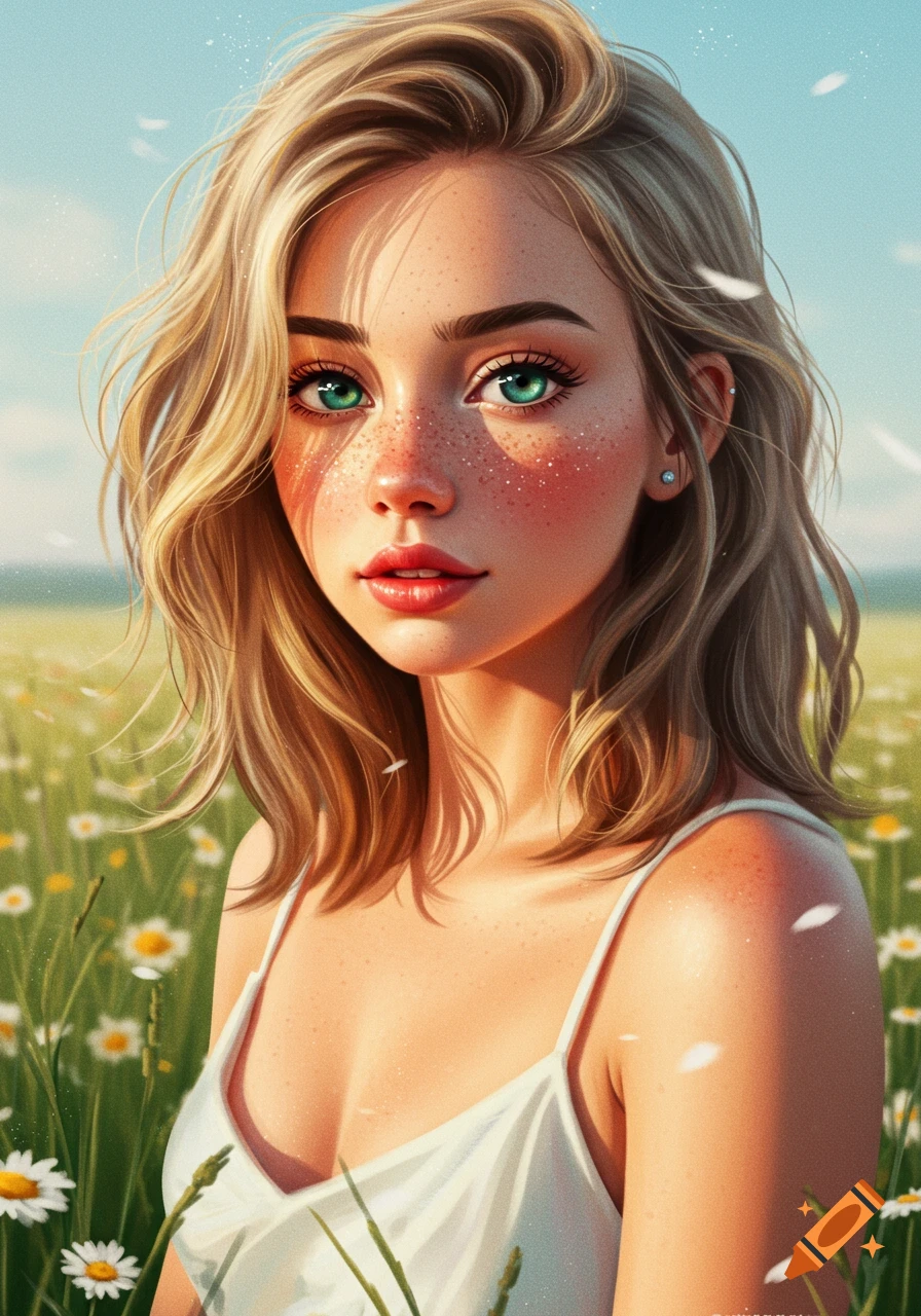Digital illustration of a young blonde woman with freckles and green eyes in a white top, standing in a sunny daisy field.