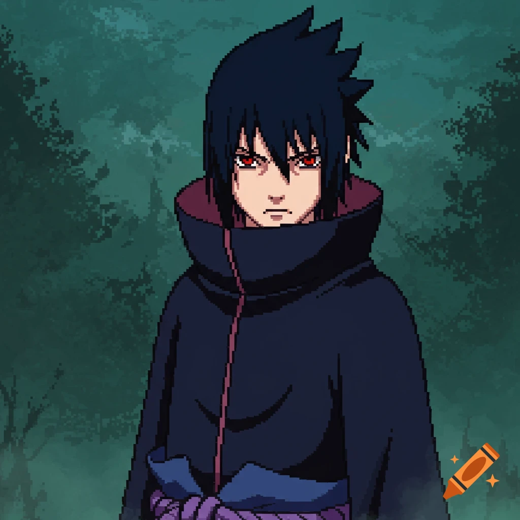 Pixel art portrait of Sasuke Uchiha with dark hair and red eyes, wearing a black cloak against a dark green background.