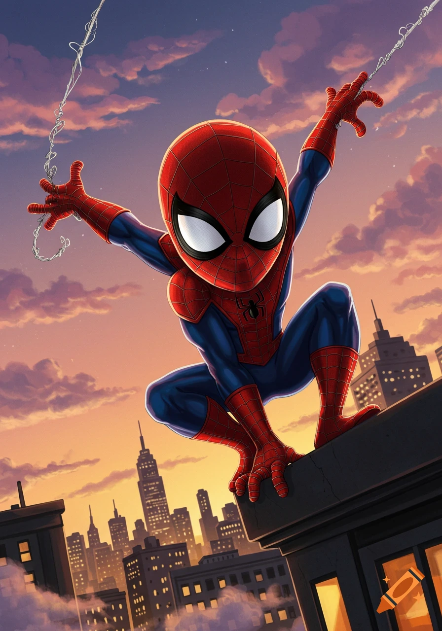 A cute, stylized Chibi Spider-Man crouches on a city rooftop, poised to swing, against a vibrant sunset sky.