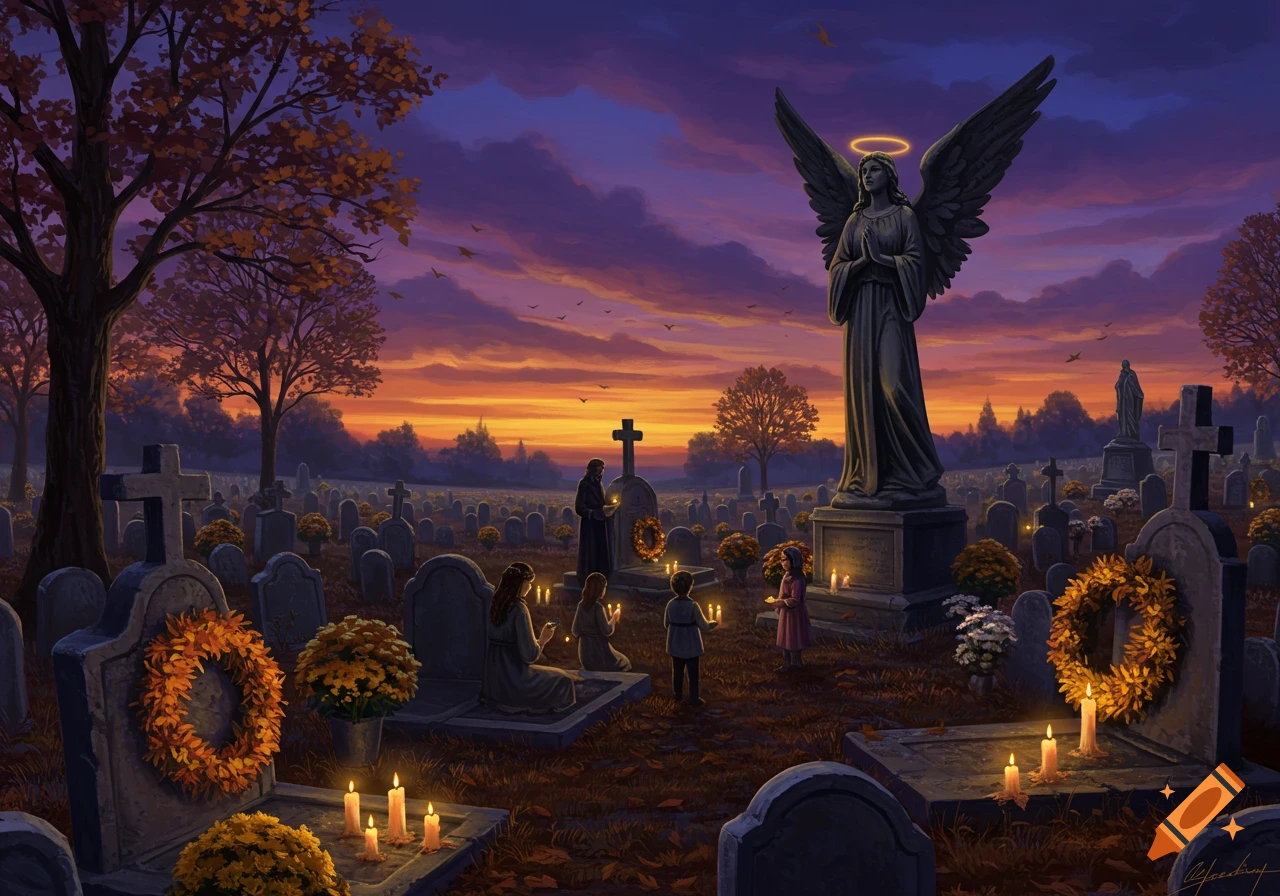 A solemn graveyard at sunset with an angel statue, gravestones, and people lighting candles for All Saints' Day.