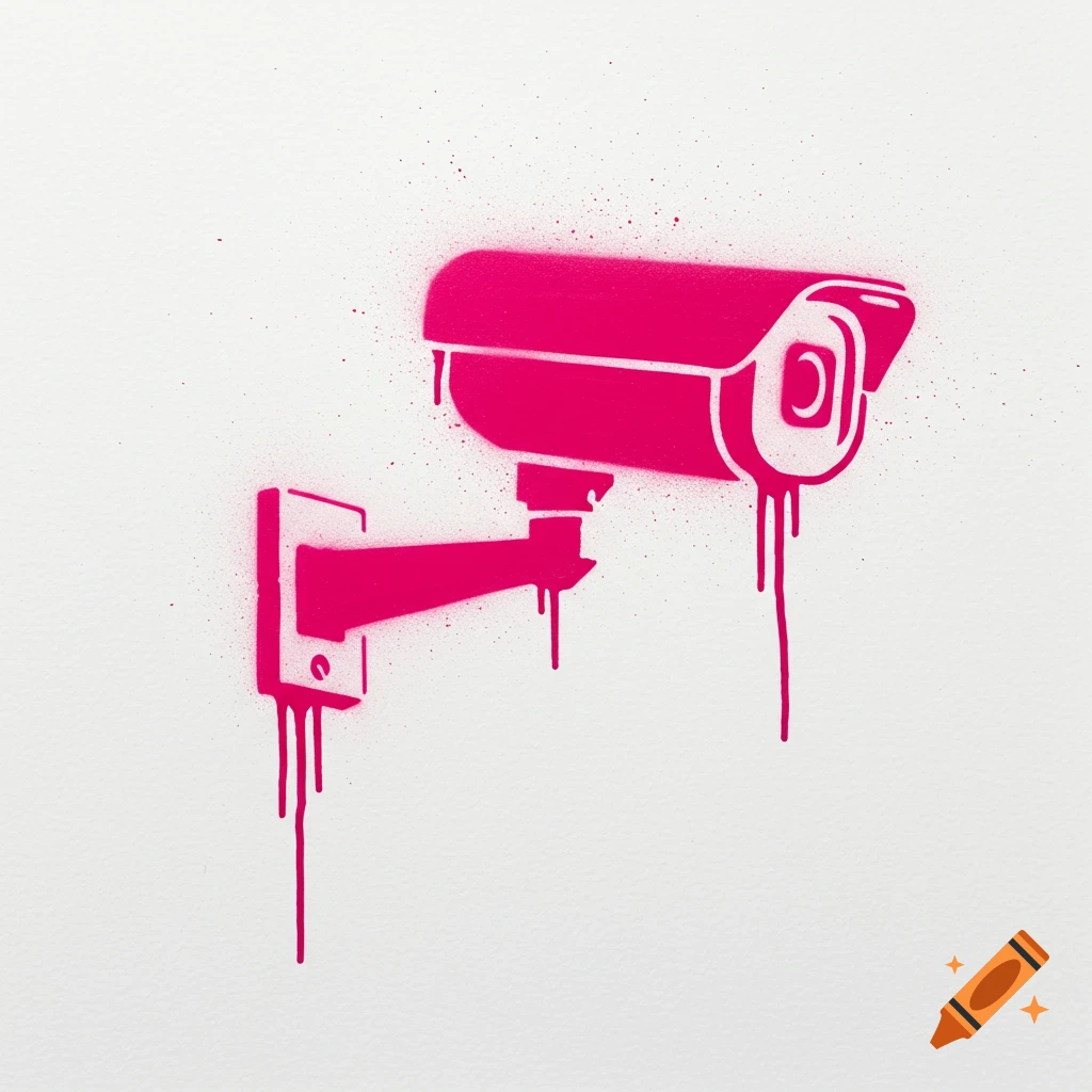 A pink graffiti-style stencil of a surveillance camera with drips and spray textures on a clean white background.