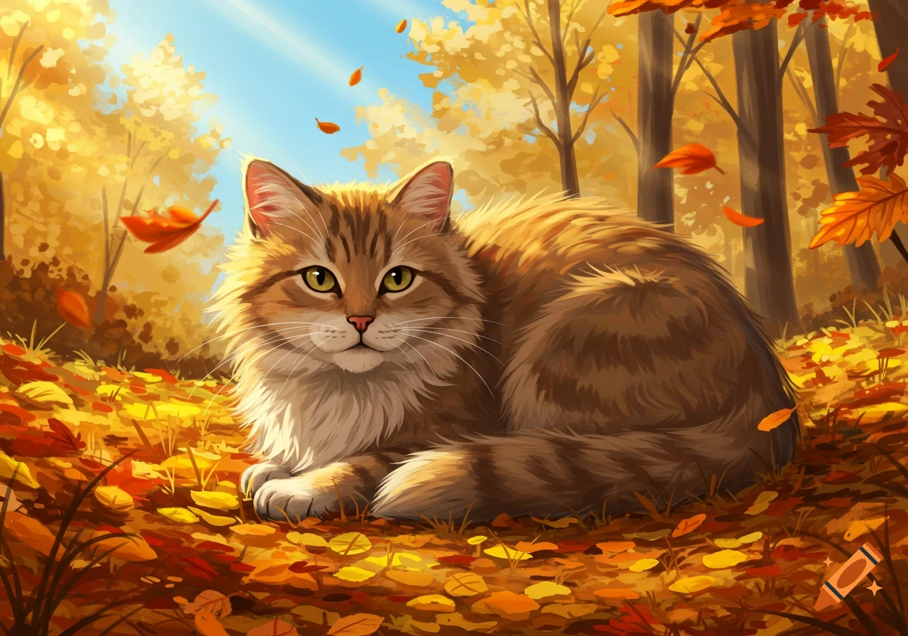 A fluffy tabby cat with green eyes lies among vibrant orange and yellow autumn leaves in a sunlit forest.