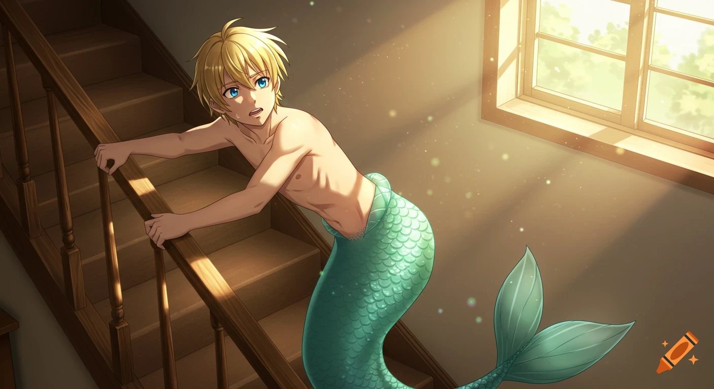 An anime-style blond merman with a green tail struggles to pull himself up a wooden staircase, his blue eyes wide with effort under a sunlit window.