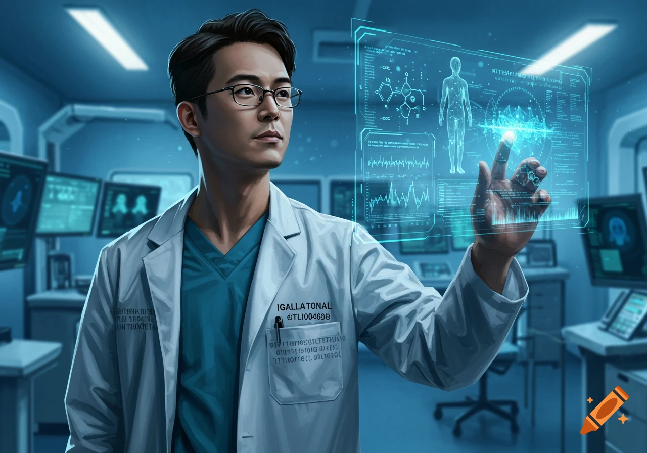 An Asian man in a lab coat and glasses interacts with a futuristic blue holographic display showing medical data and graphs in a lab.