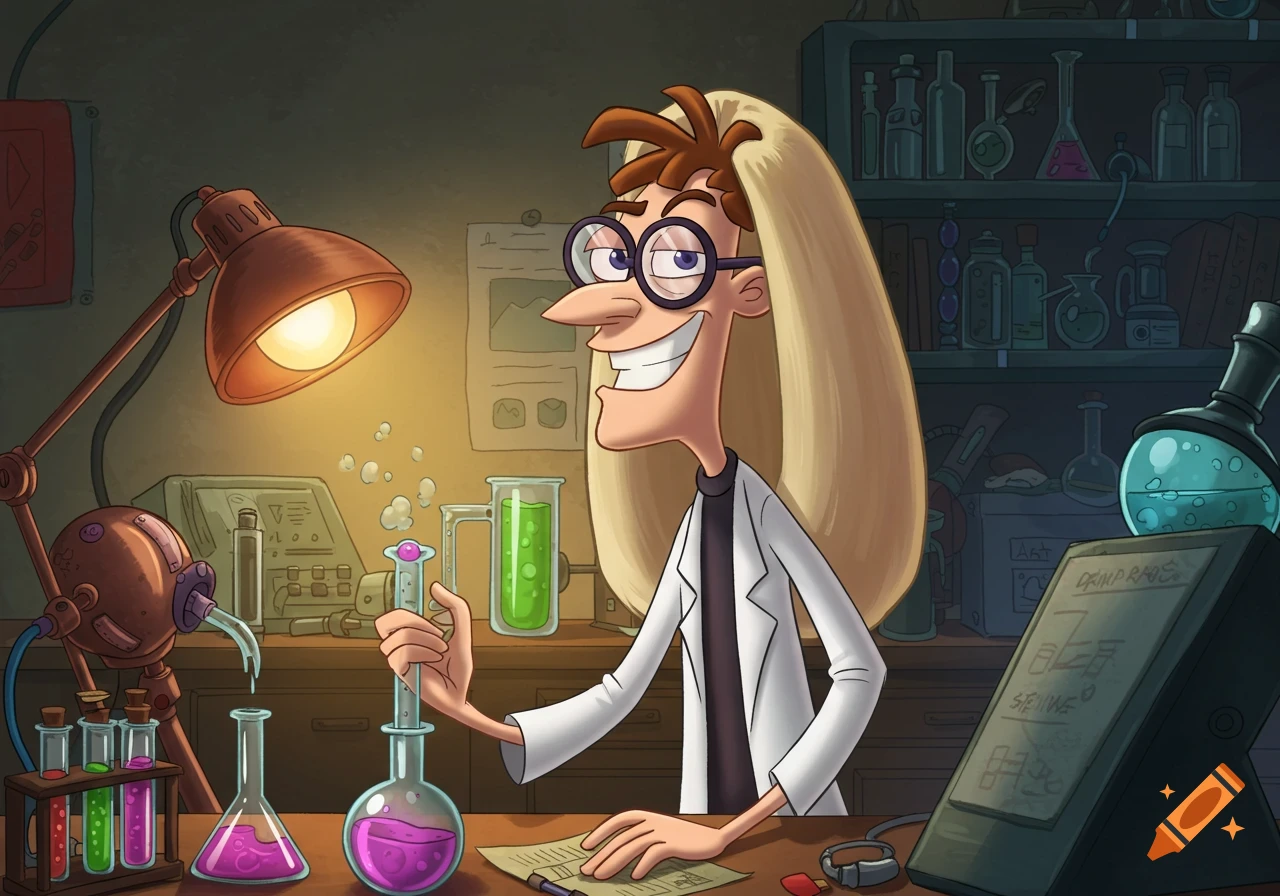 Cartoon Dr. Doofenshmirtz in a blonde wig and glasses smiles in his dimly lit science lab, holding a pink liquid filled test tube.