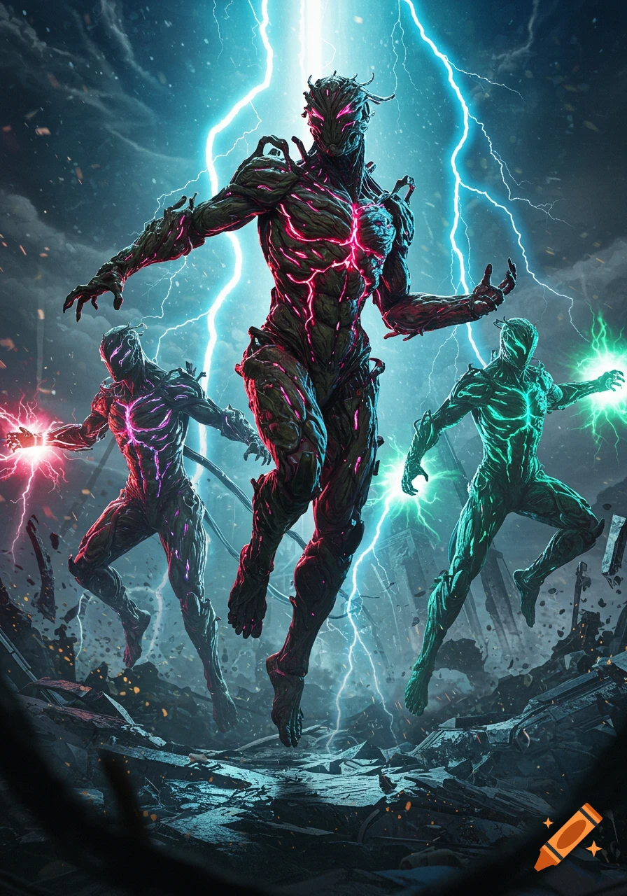 Three bio-metallic heroes with glowing red, pink, and green energy veins float in a cinematic battle with lightning and debris.
