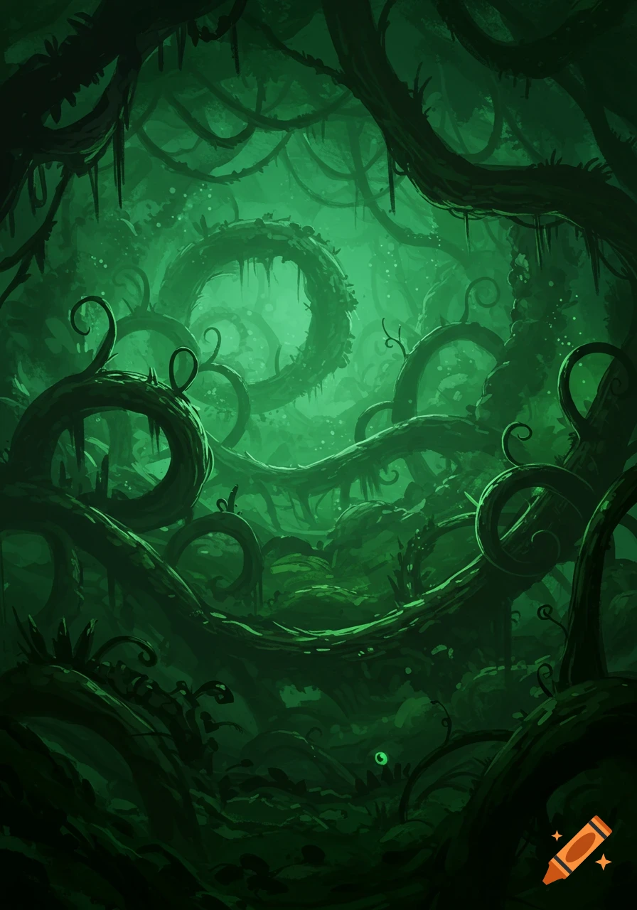 A dark, stylized digital painting of an ominous green jungle filled with thick, twisting vines and a subtle glowing light.
