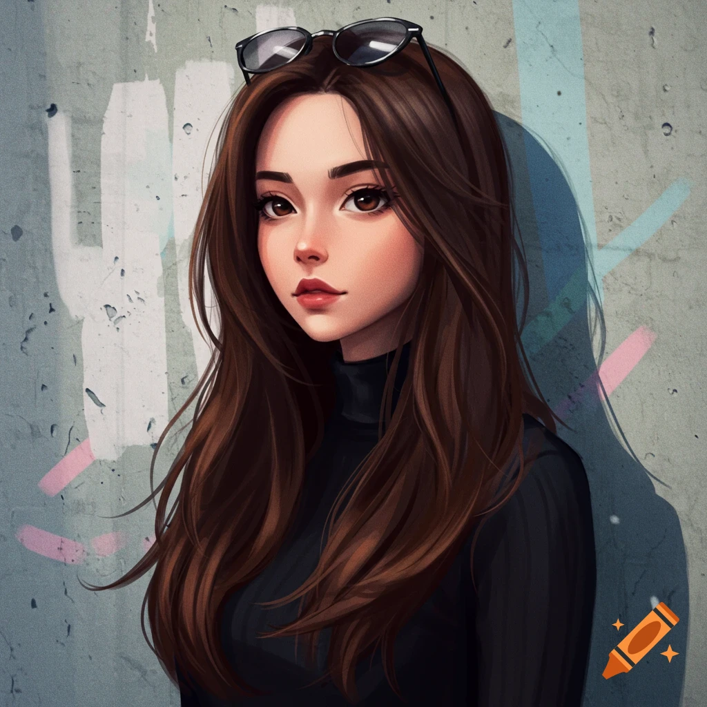 An anime girl with long brown hair, brown eyes, and sunglasses on her head, wearing a black turtleneck, stands against a concrete wall.
