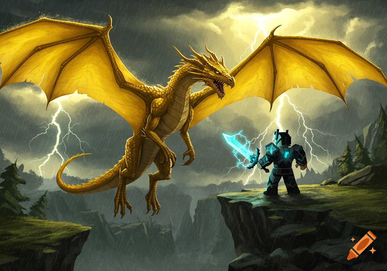 A large yellow dragon battles a blocky Roblox character wielding a glowing blue sword on a cliff edge during a lightning storm and rain.