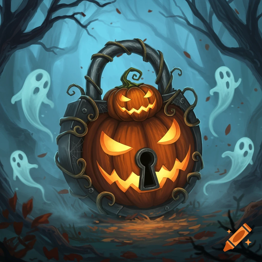 A stylized illustration of a pumpkin-shaped lock with a smaller pumpkin on top, surrounded by three white ghosts in a misty, dark forest.