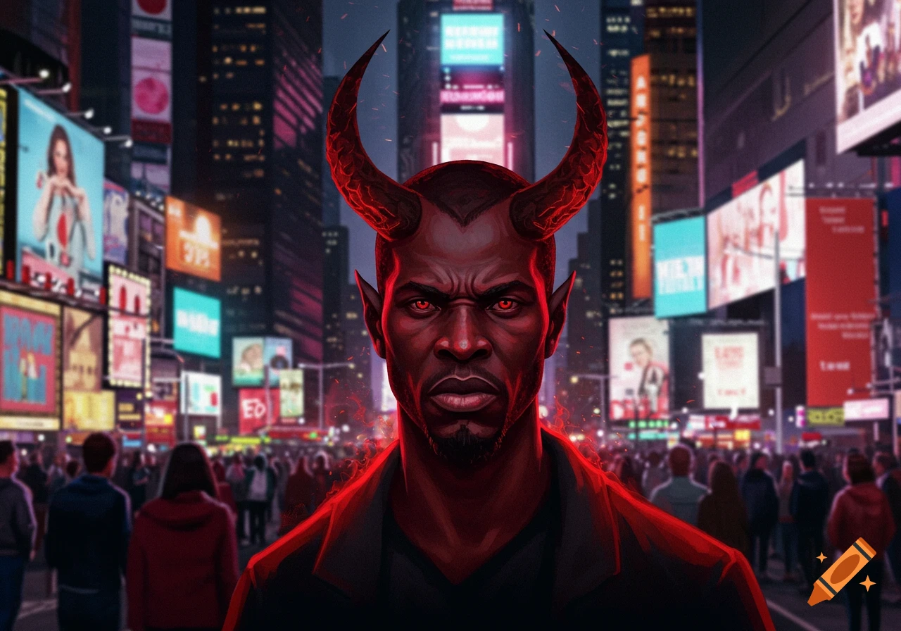 A stylized portrait of a red-skinned, angry man with large devil horns and glowing red eyes, set against a blurred, neon-lit cityscape resembling Times Square with crowds below.