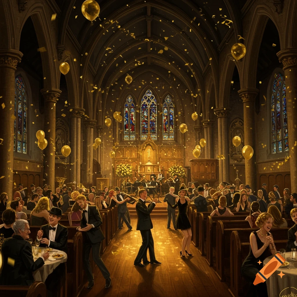 Elegant people dance and celebrate in a grand church, adorned with golden balloons and confetti, a band plays on the altar stage.