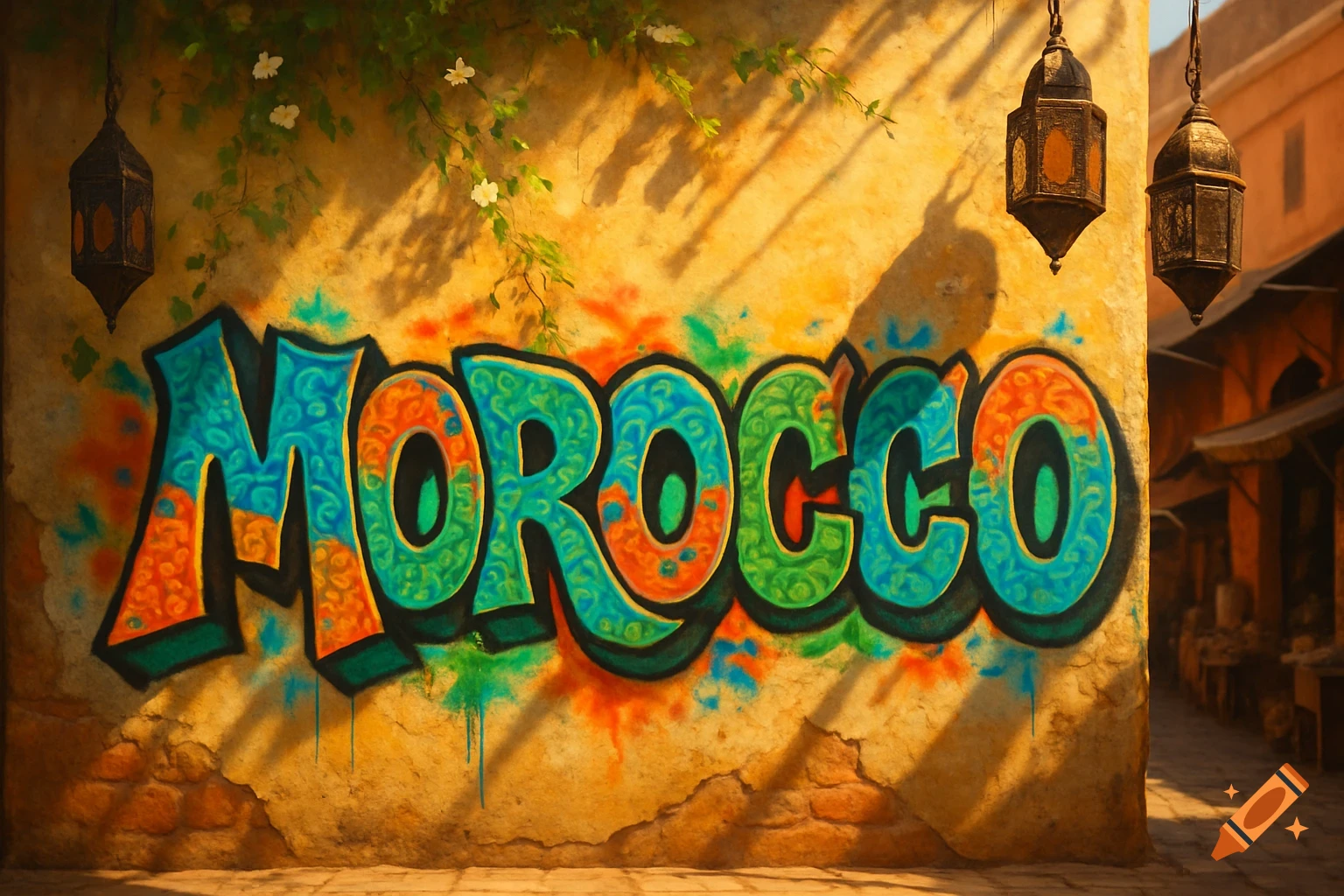Colorful graffiti spelling "MOROCCO" on an aged wall with hanging lanterns and foliage in a Moroccan street scene.