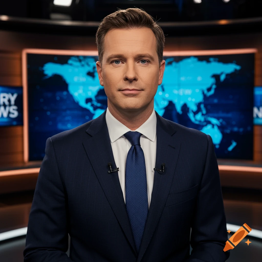 A male news anchor in a navy suit and polka-dot tie stands in a TV studio with a world map on screens behind him.
