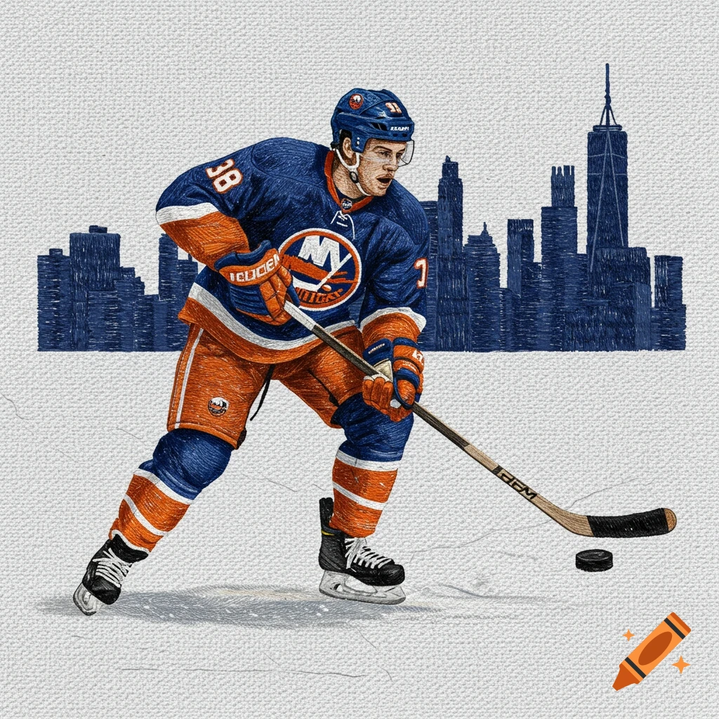 A New York Islanders hockey player skates with a puck in an embroidery art style, with a city skyline in the background.