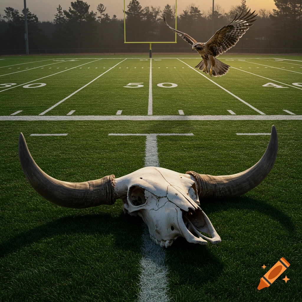 A bull skull rests on a green football field with white yard lines, as a hawk flies overhead, under a hazy sky.