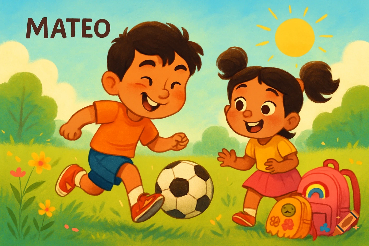 Cartoon of a boy named Mateo and a girl playing soccer in a park with their backpacks nearby under a sunny sky.