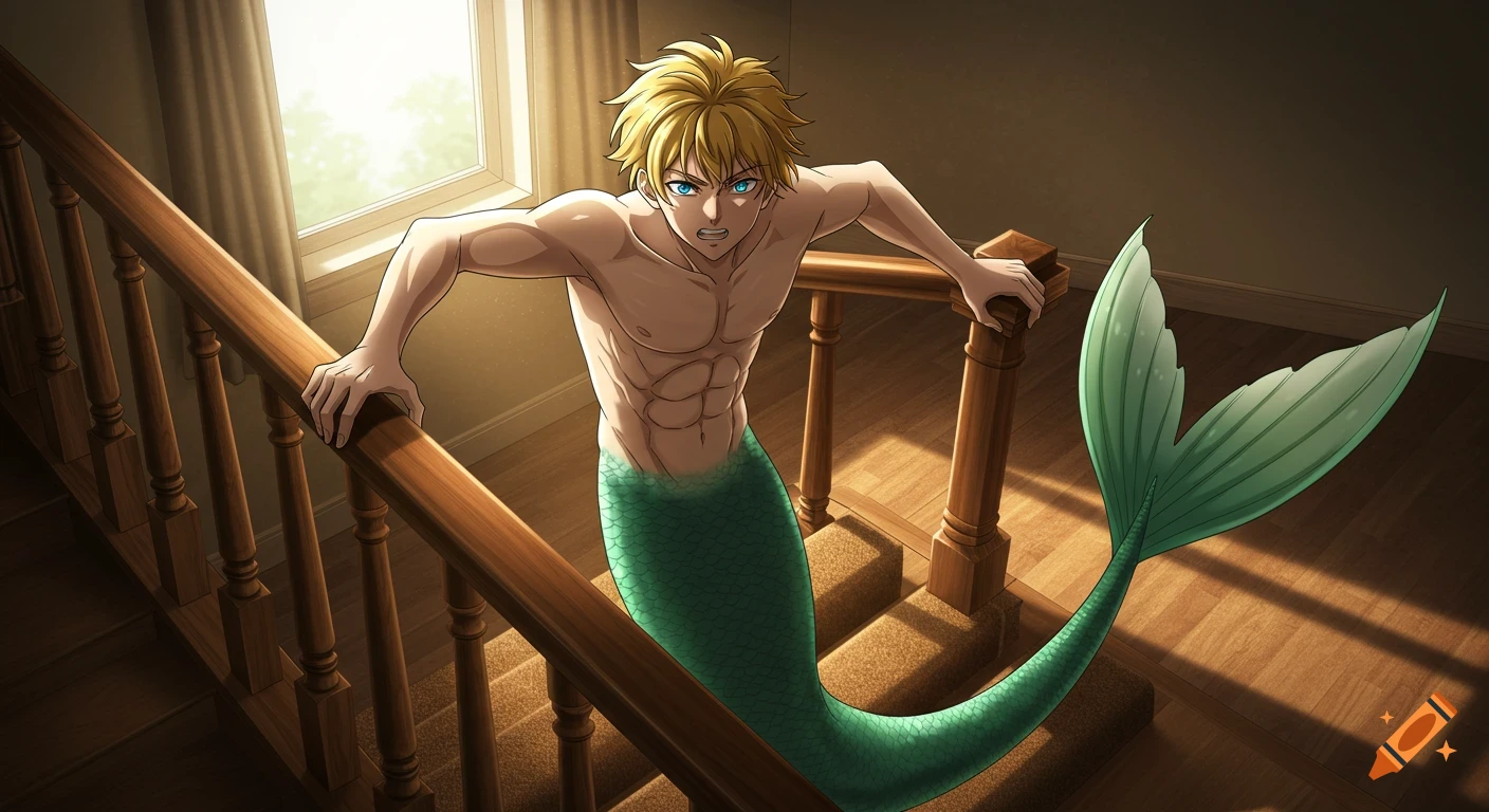 Anime blond merman with a green tail desperately holds railings on a residential staircase.