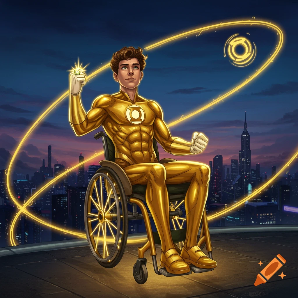 A young, golden-suited superhero in a wheelchair holds a glowing ring, surrounded by golden energy trails over a city at night.