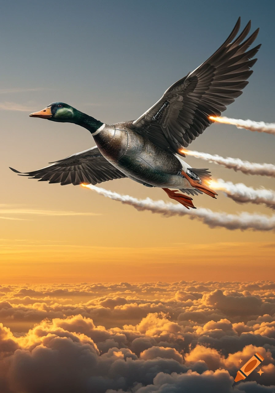 A photorealistic mechanical mallard duck with jet engines and smoke trails flies above golden clouds at sunset.