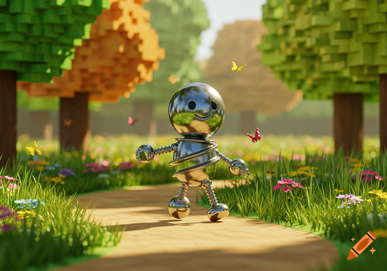 A shiny metal robot with a smiling face and spring limbs walks on a path in a vibrant, pixelated park with flowers and butterflies, in a 3D animation style.