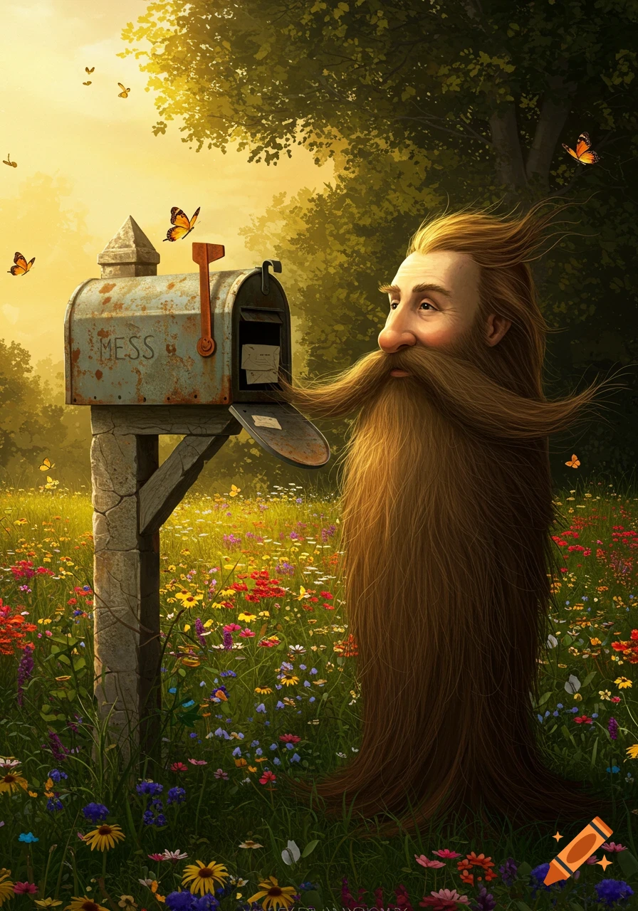 A whimsical man with a long beard stands by a rusty mailbox in a vibrant wildflower meadow at sunset, with butterflies.