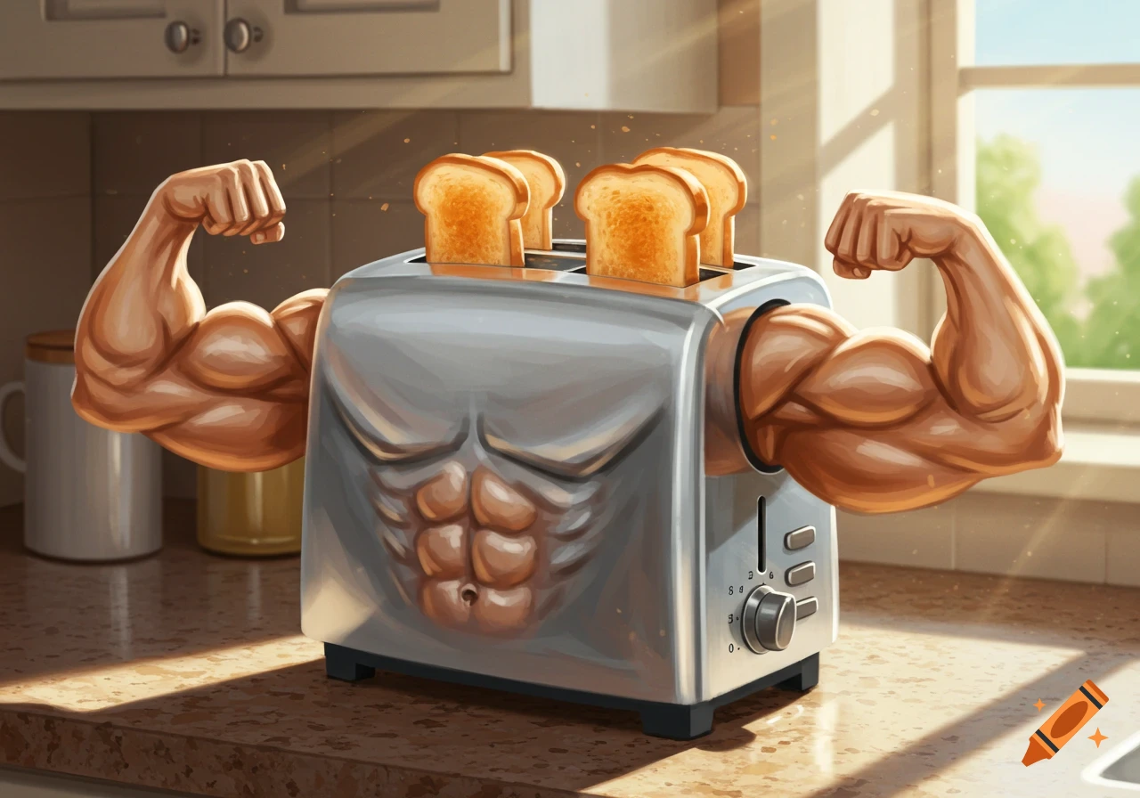 An illustration of a muscular toaster with flexing biceps and a six-pack, with four slices of toast, on a kitchen counter.