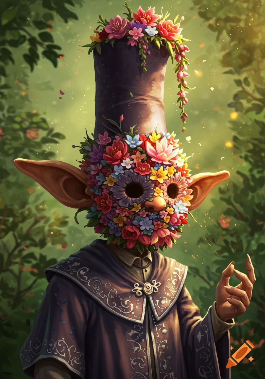 A whimsical goblin-like creature with large ears, wearing a purple robe and a tall hat, has its face and hat covered in colorful flowers, standing in a lush green forest.
