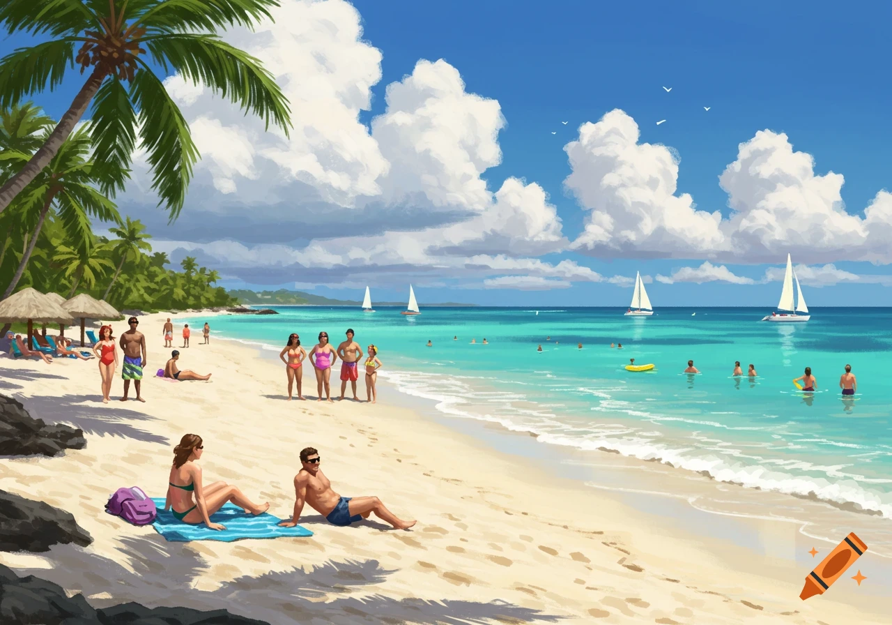 Digital painting of a sunny tropical beach with people sunbathing and swimming in turquoise water, palm trees, and sailboats.