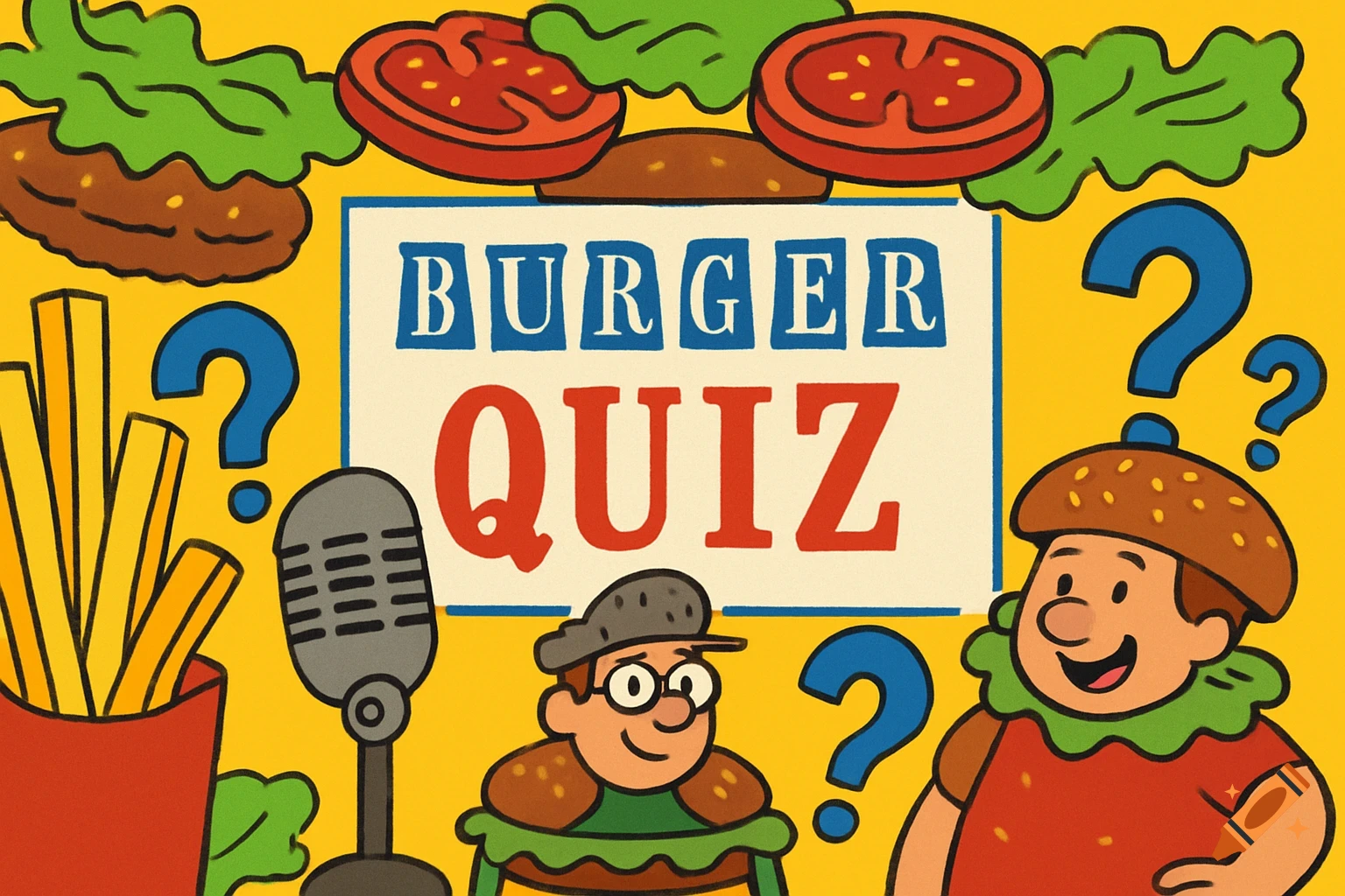 A cartoon illustration for 'BURGER QUIZ' featuring burger ingredients, french fries, a microphone, and two stylized characters.