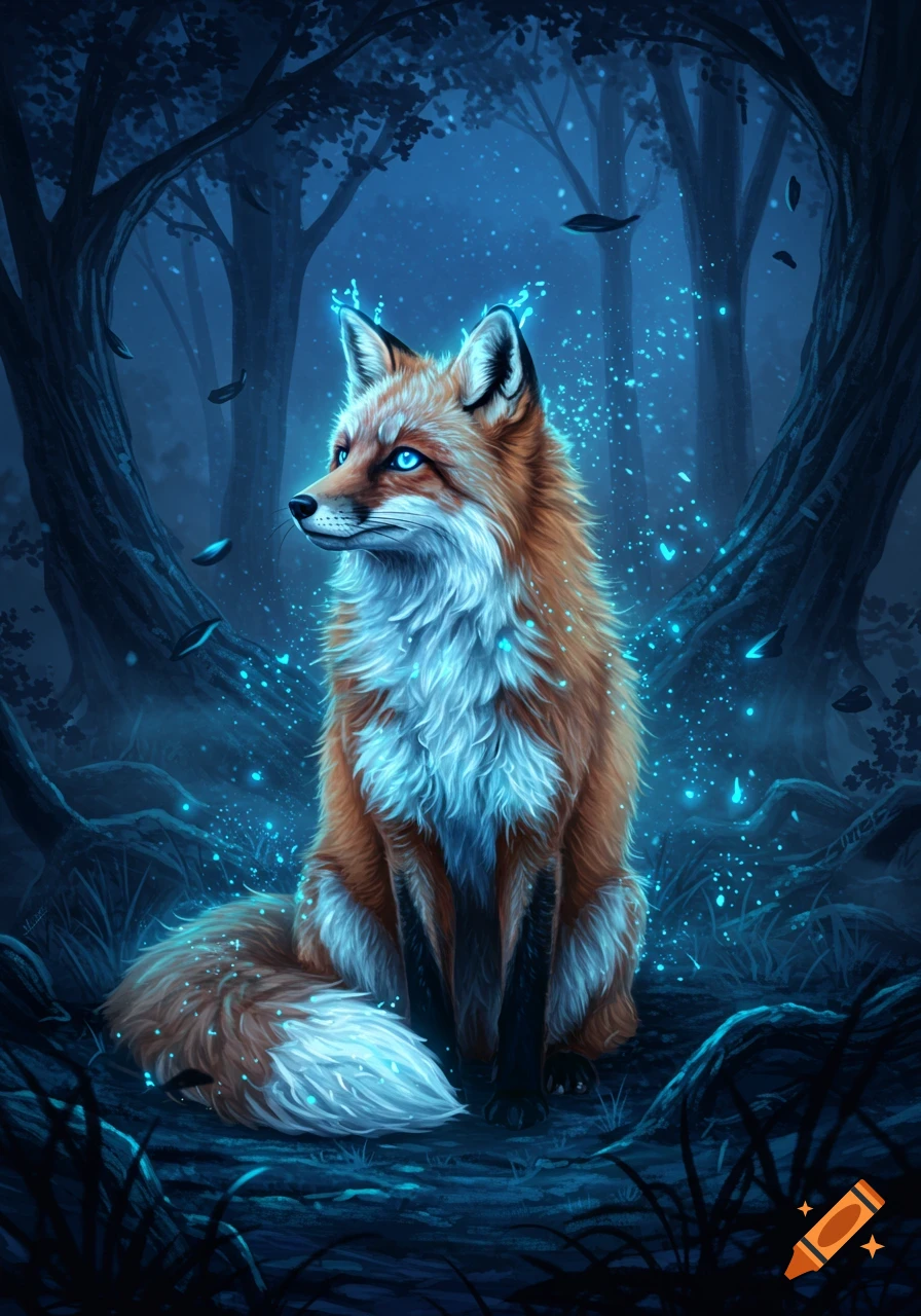 A magical fox with glowing blue eyes and fur sits in a dark, mystical forest, surrounded by shimmering blue light particles.