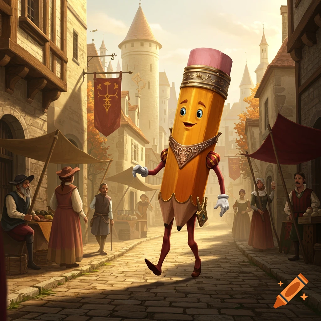 A cheerful anthropomorphic pencil with arms and legs walks down a medieval cobblestone street lined with stone buildings and market stalls.