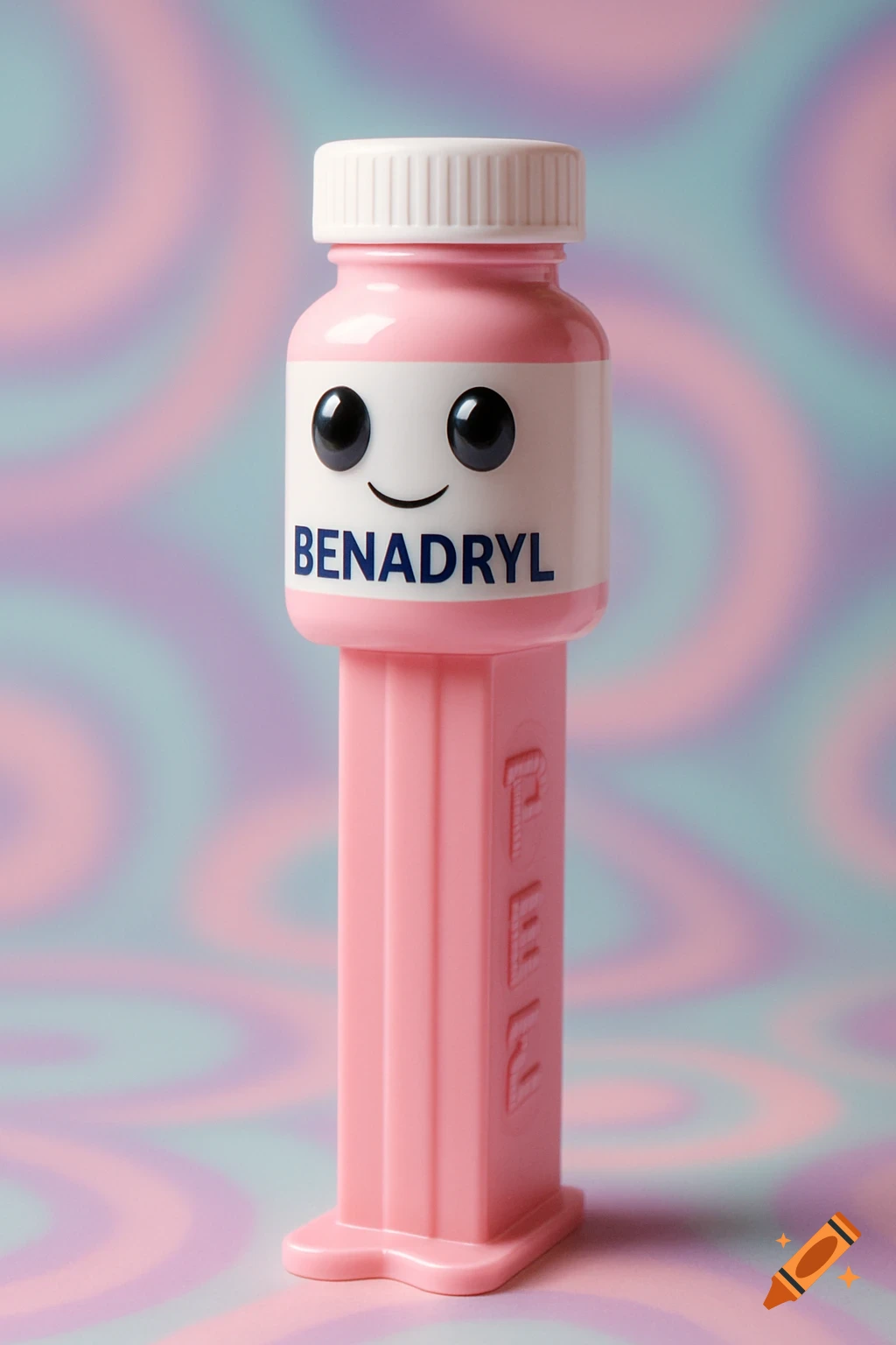 A cute, smiling pink Benadryl bottle serves as the head of a pink PEZ candy dispenser against a pastel swirly background.