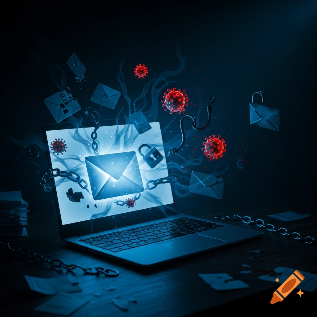 A stylized laptop showing a glowing email icon chained and locked, surrounded by red virus cells, phishing hooks, and other mail icons, depicting email security risks in a dark blue environment.