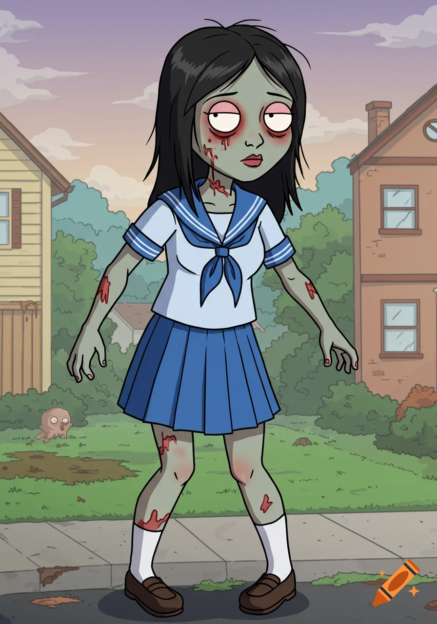 A cartoon zombie woman in a blue sailor school uniform stands on a suburban sidewalk, drawn in the Family Guy art style.