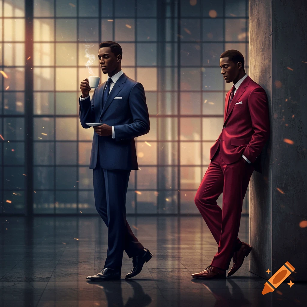 Two well-dressed Black men in suits in a modern building. One in blue drinks coffee, the other in red leans on a wall.