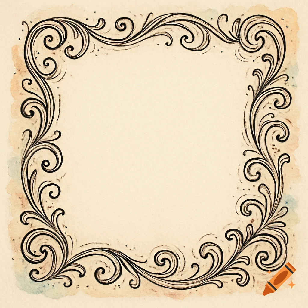 Hand-drawn black scrollwork forms a decorative rectangular frame on a textured light beige background with subtle watercolor stains.