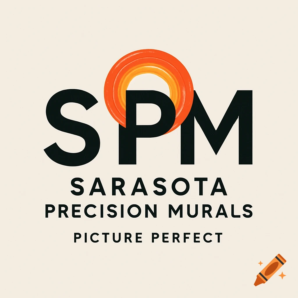 A modern logo for Sarasota Precision Murals with large black letters SPM. The P is larger and features an orange, red, and gold bullseye design. Below, in smaller black text, it reads SARASOTA PRECISION MURALS and PICTURE PERFECT.
